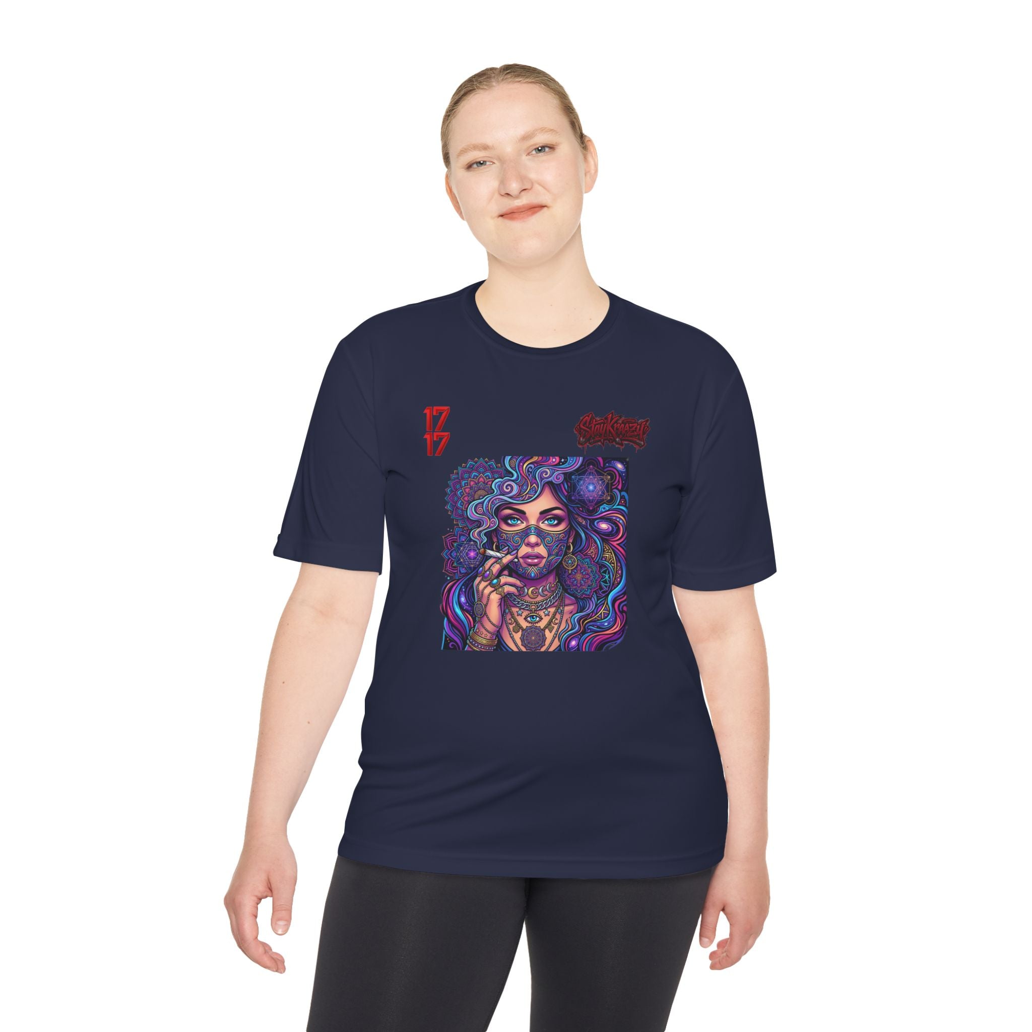 Psychedelic Woman Graphic Tee — Retro Cosmic Portrait Moisture‑Wicking Shirt
