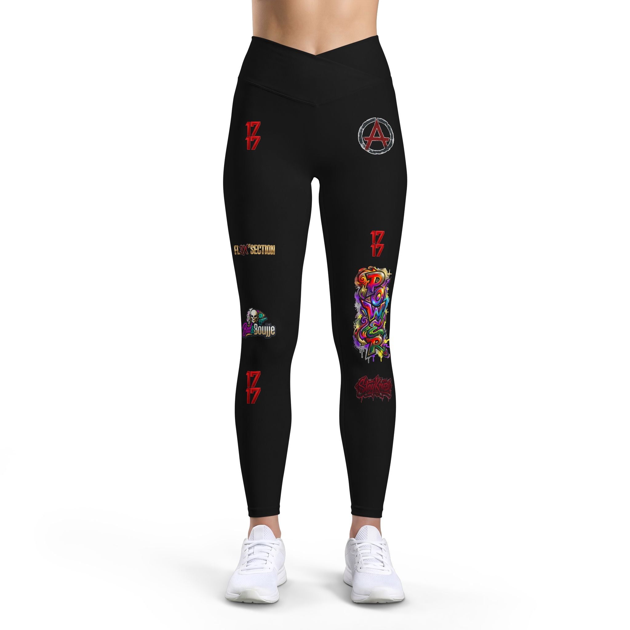 Graphic Patchwork Women's Leggings — Colorful Art & Emblem Print