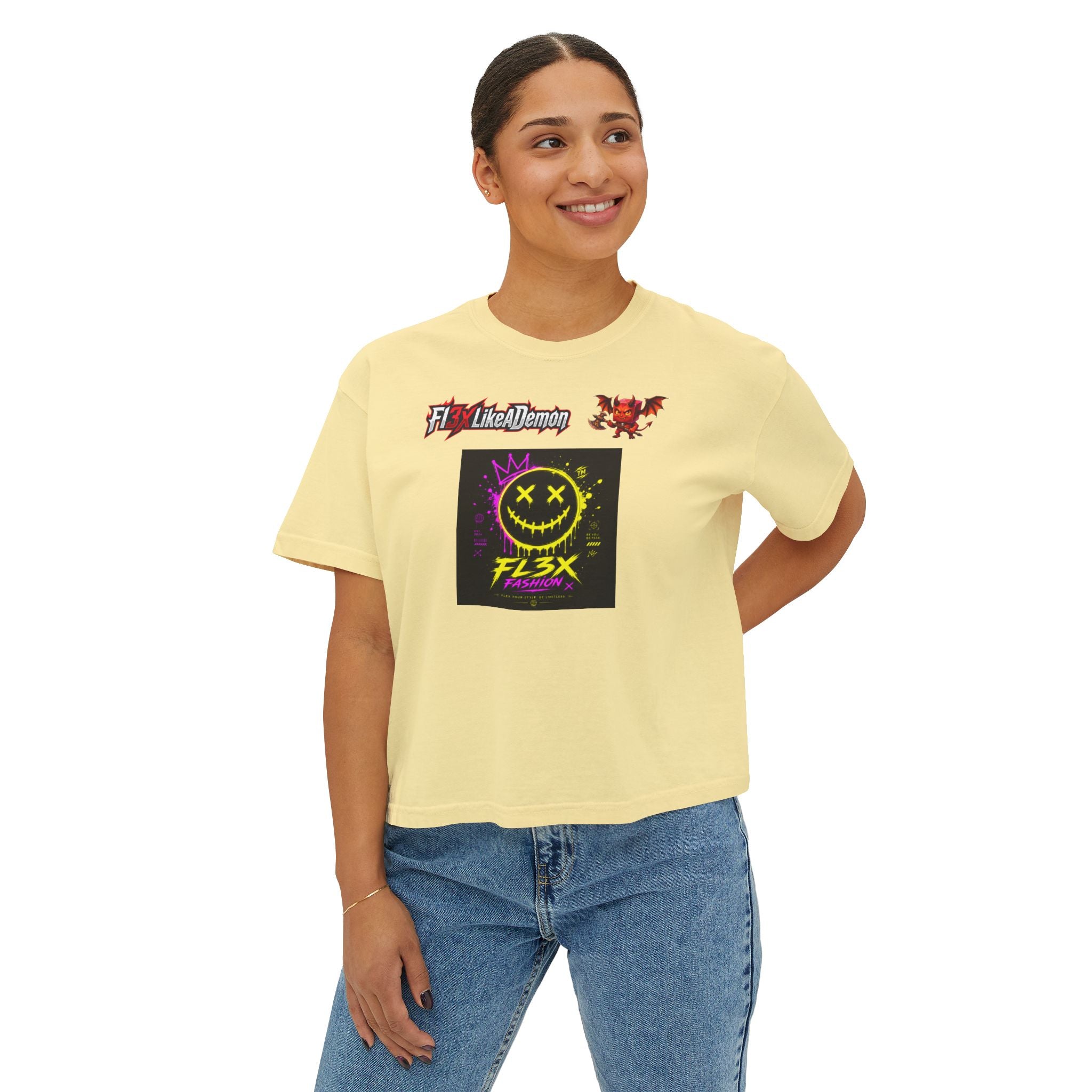 Women's Boxy Tee - Neon Smiley "FL3X" Graphic Streetwear