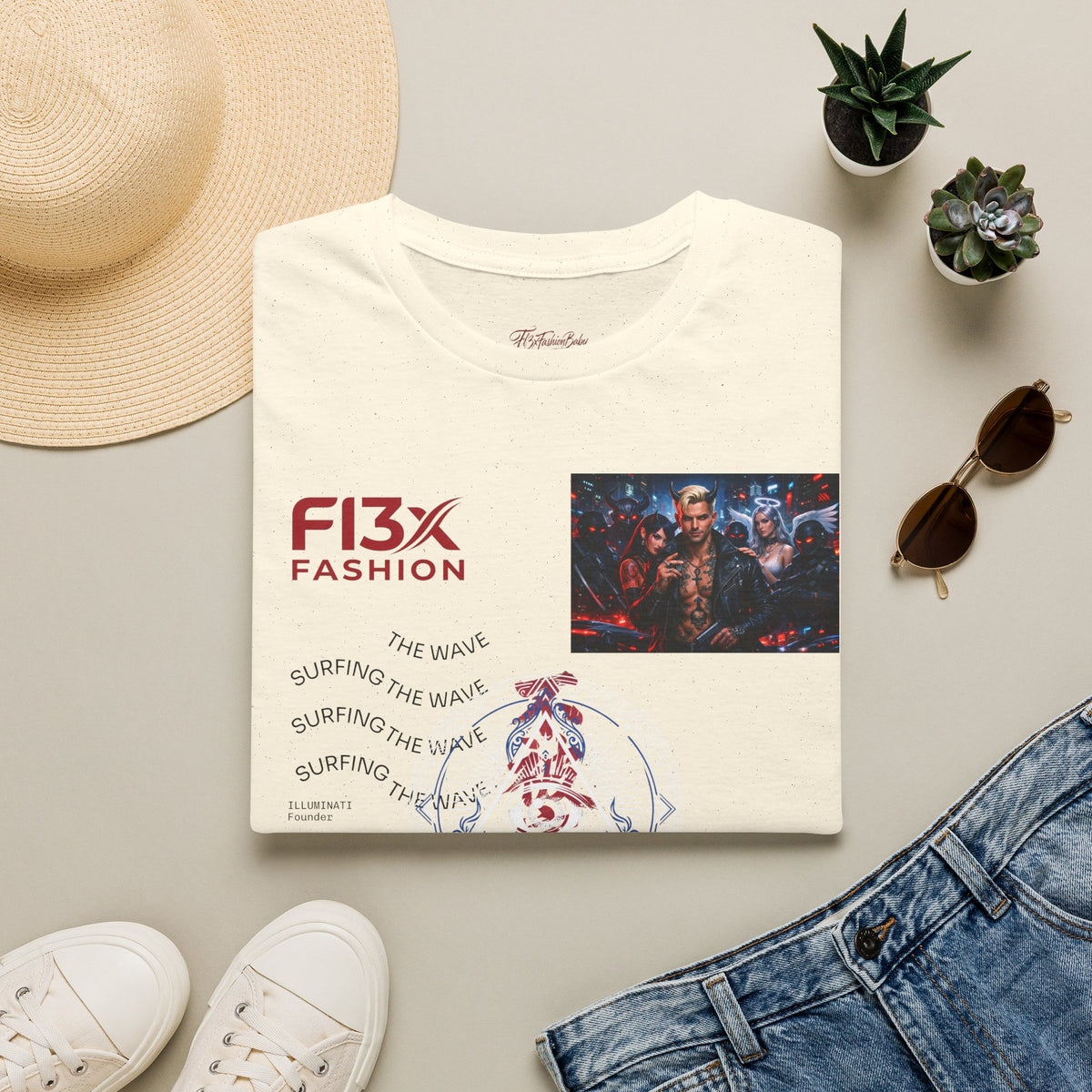 Graphic T-Shirt — F13X Fashion Collage Tee (Surfing Wave & Retro Crew)