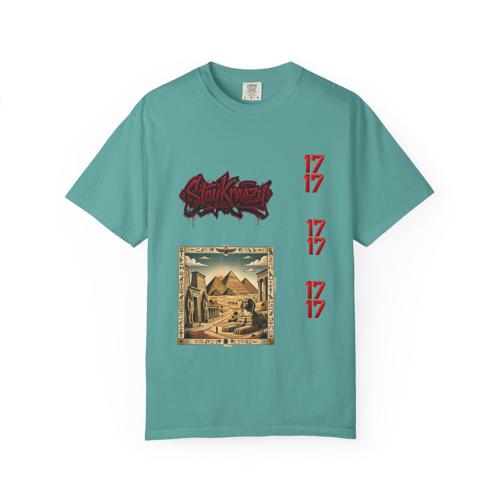 Graphic T-Shirt — Vintage Pyramid Collage with 'Wanted' Drip Design