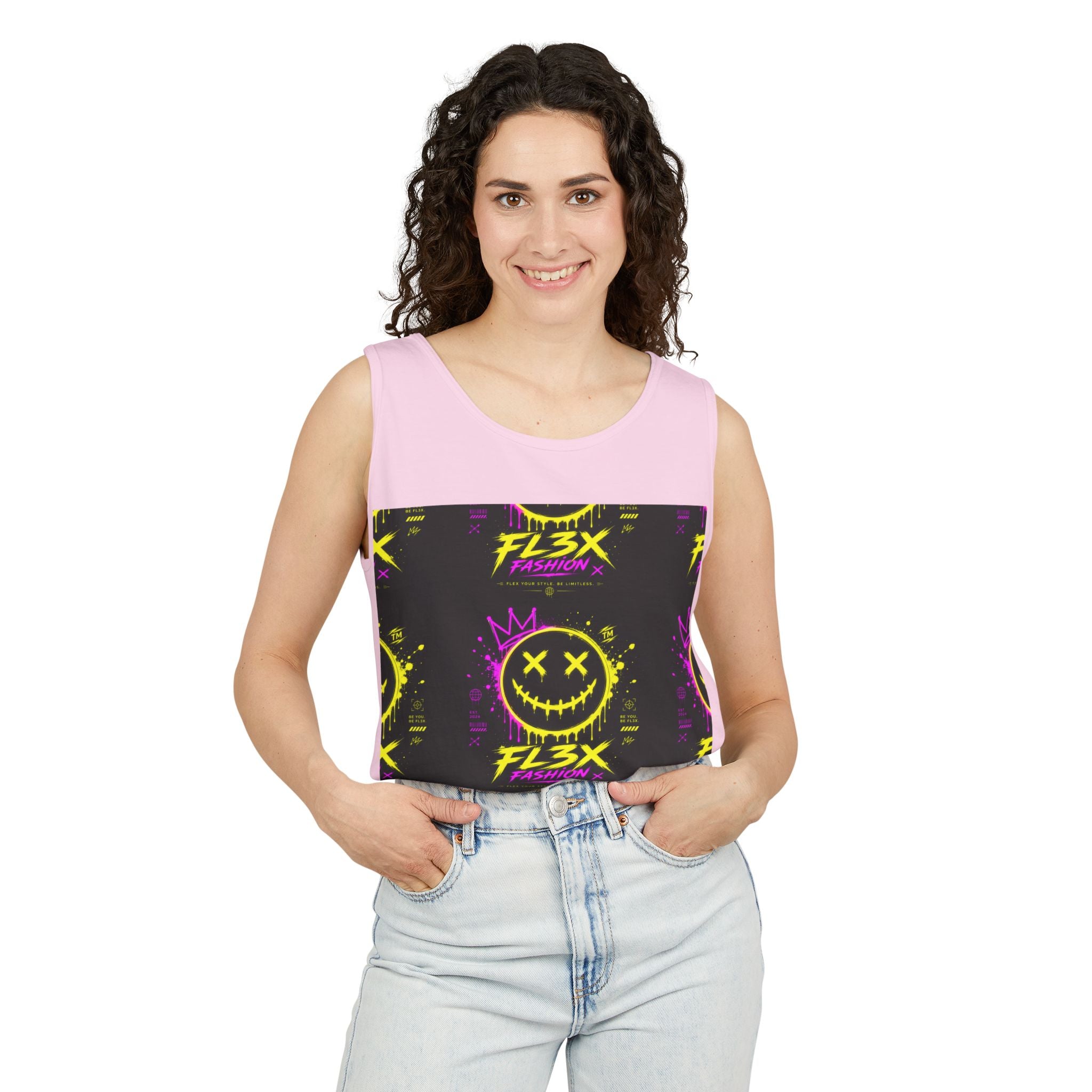 FL3X Fashion Graphic Tank Top — Neon Smiley & Devil Logo Streetwear