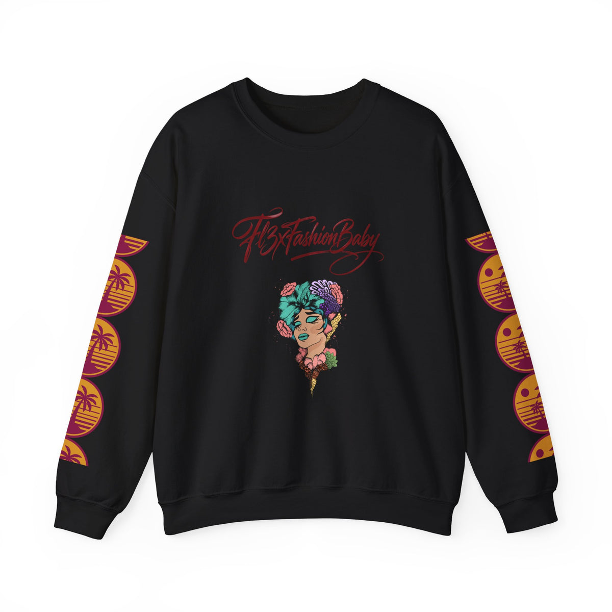 Crewneck Sweatshirt — Floral Femme Portrait “FitFashionBaby” Graphic