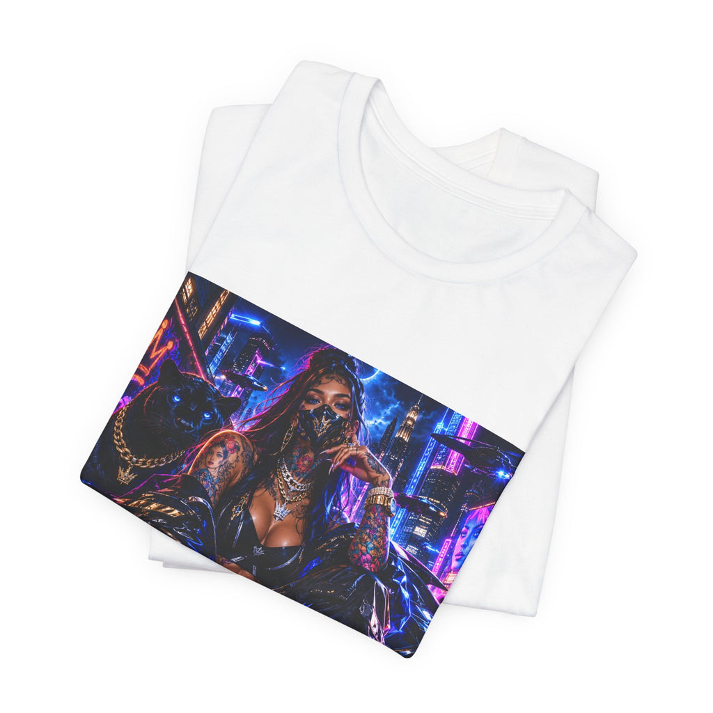 Cyberpunk Streetwear Tee — Neon Masked Woman Graphic T-Shirt