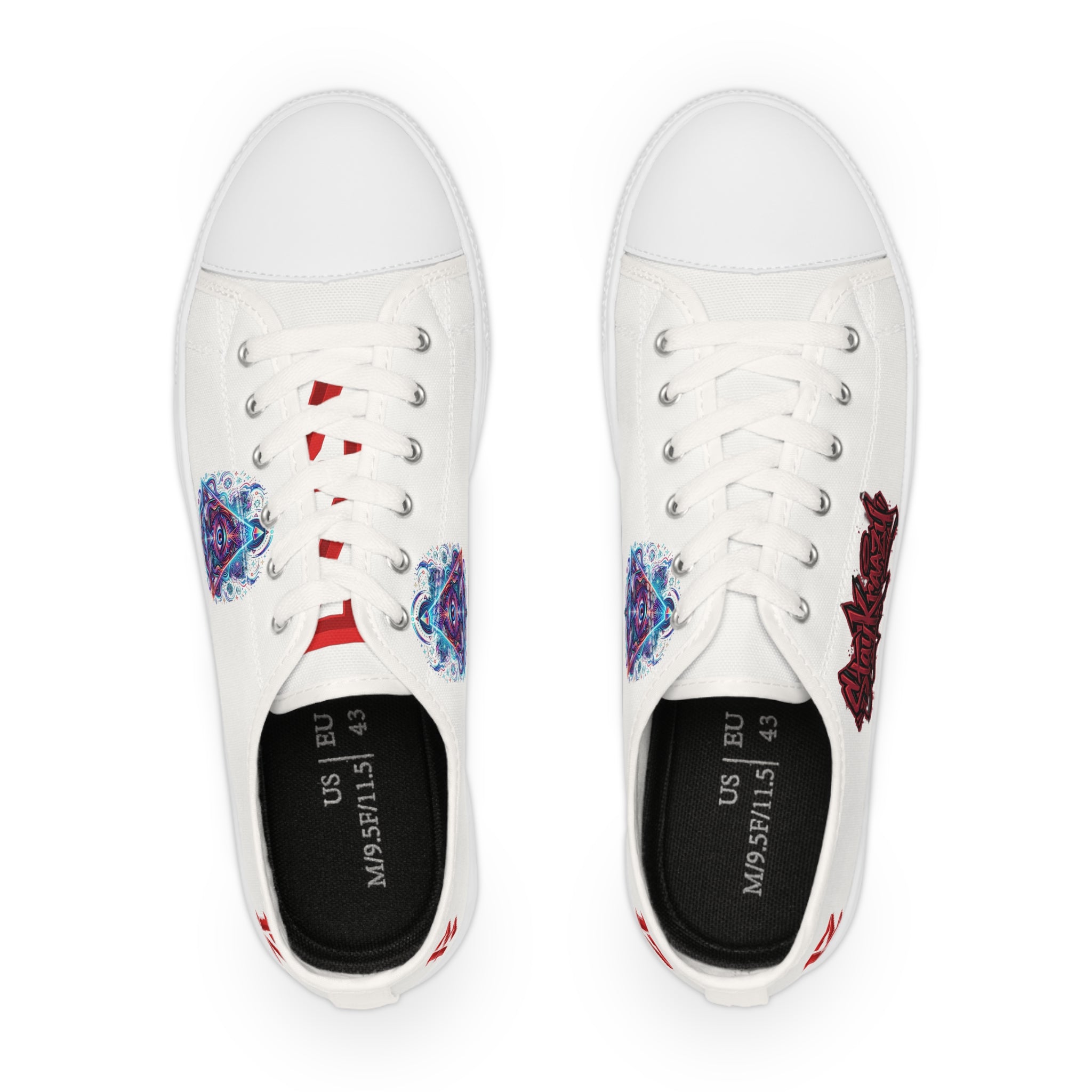 Low Top Sneakers — White Graffiti Heart & Colorful Skull Design