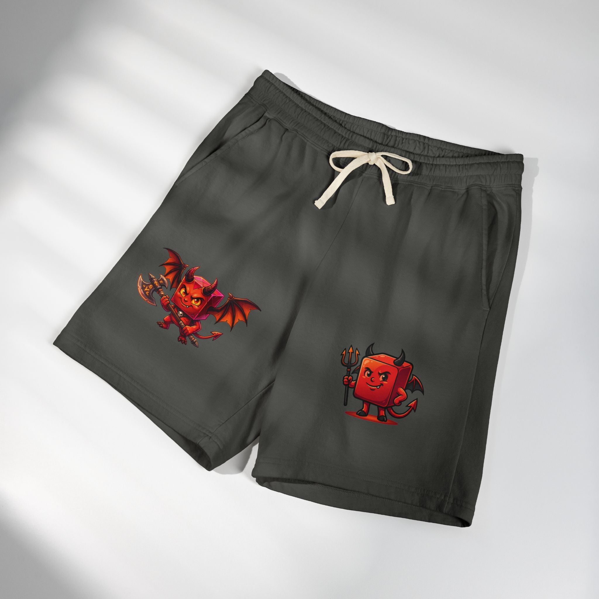 Devil Doodle Fleece Sweat Shorts — Cute Red Demon Graphic Lounge Shorts