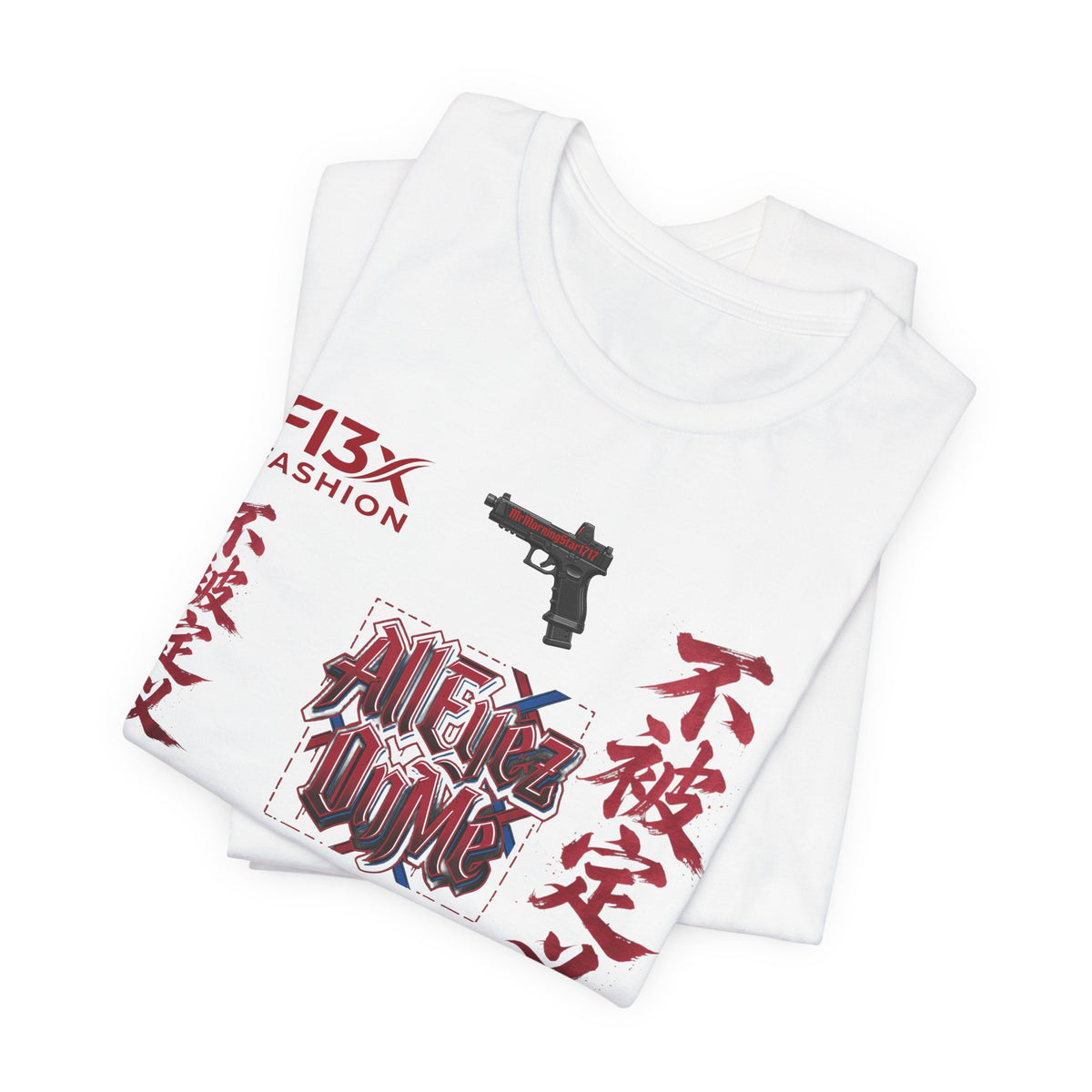 Graphic Tee — 'We Set The Trends' Streetwear T-Shirt with Asian Script & Gun Motifs