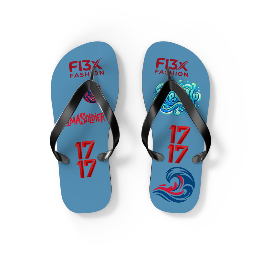 Blue Graphic Flip Flops – Surf Wave Design with '17 17' and Bold Logos