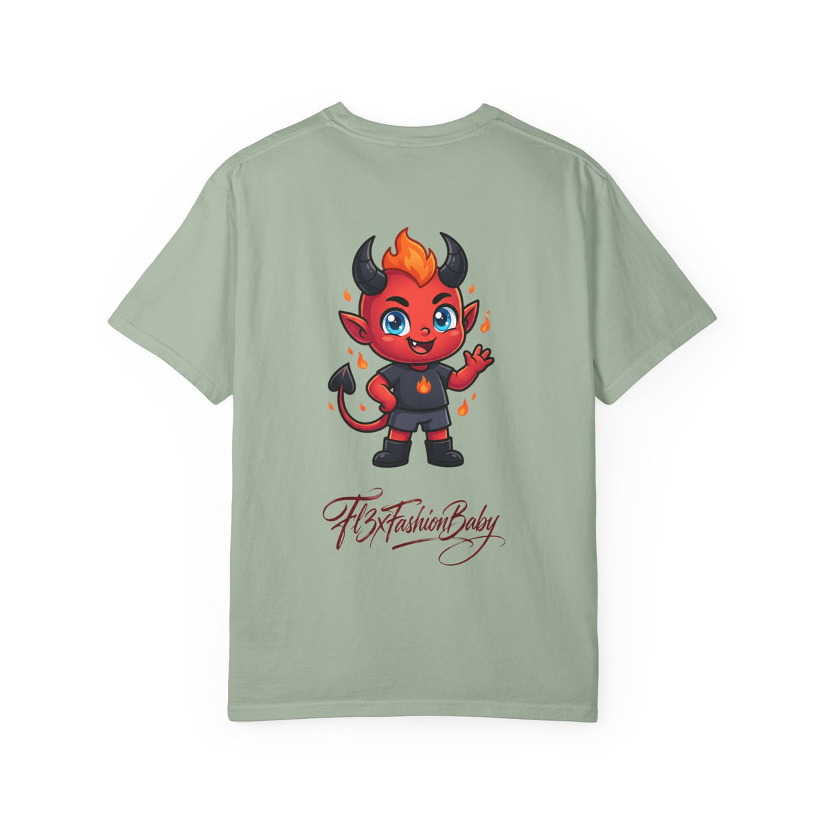 Devil Baby Graphic T-Shirt — Cute Red Demon Cartoon Tee with "FBfashionBaby" Script