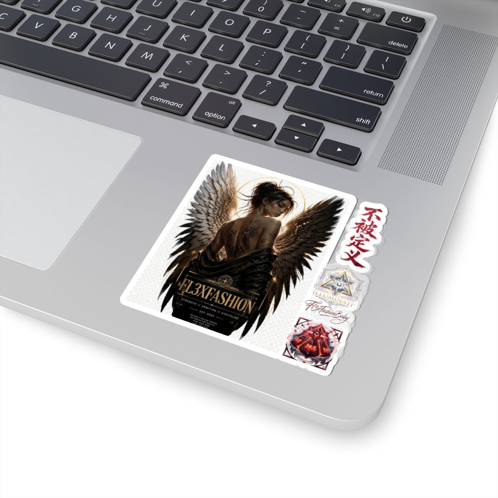 Dark Angel Kiss-Cut Sticker Sheet — Gothic Winged Woman, Japanese Script & Occult Icons