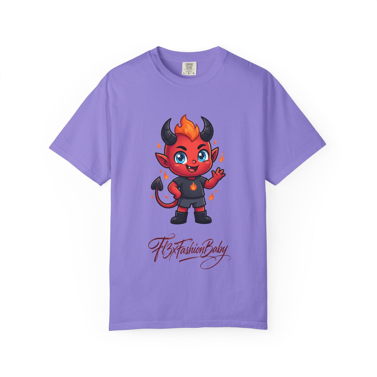 Devil Baby Graphic T-Shirt — Cute Red Demon Cartoon Tee with "FBfashionBaby" Script