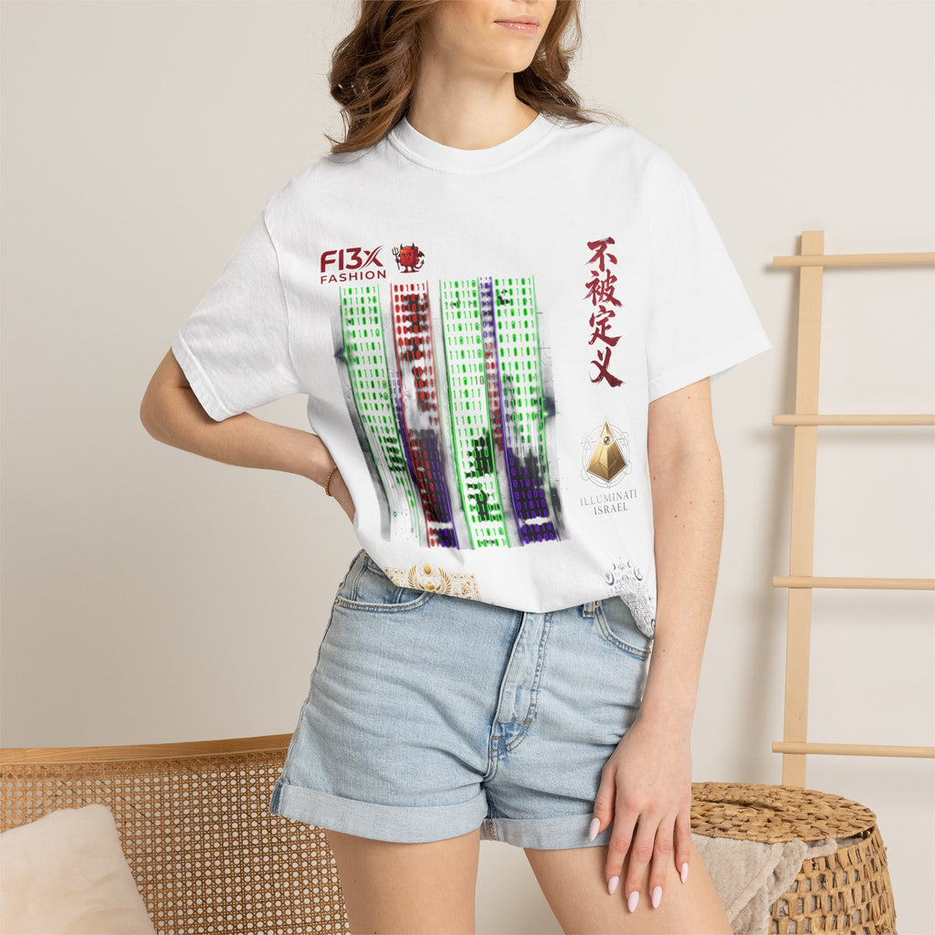 Graphic T-Shirt — Futuristic Cityscape Design with Japanese Calligraphy