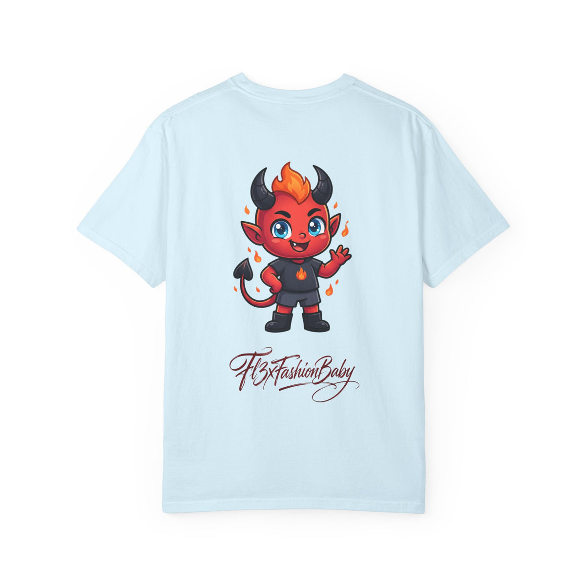 Devil Baby Graphic T-Shirt — Cute Red Demon Cartoon Tee with "FBfashionBaby" Script