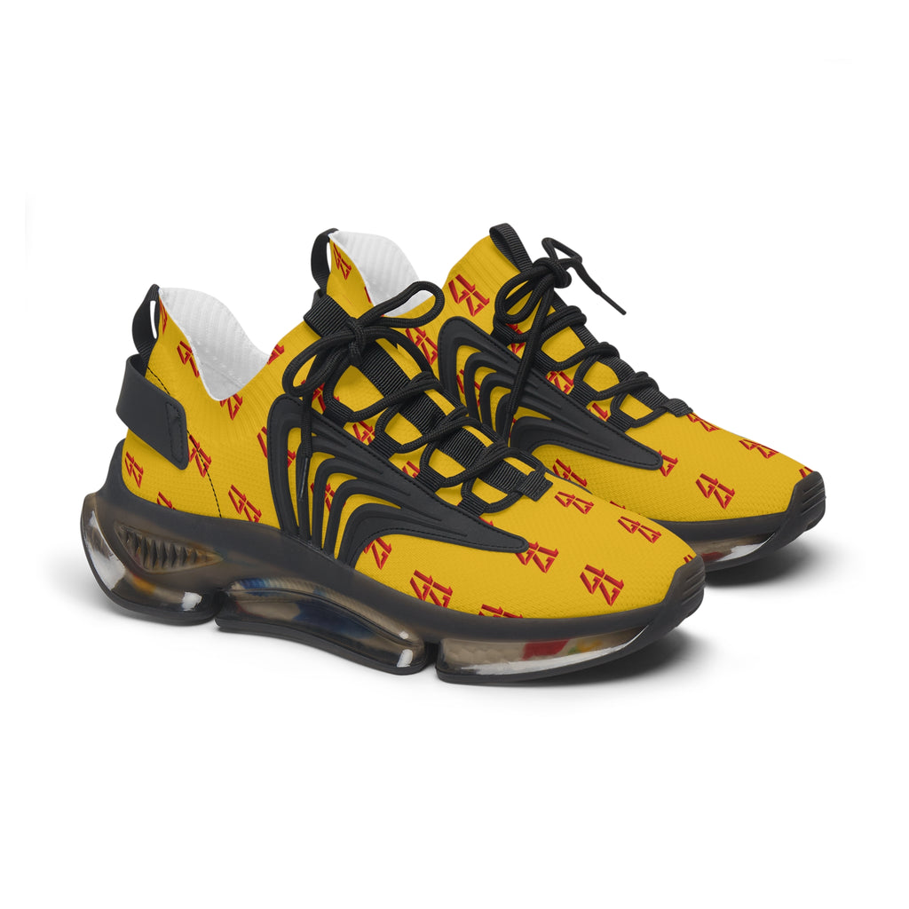 Yellow Mesh Sneakers — Breathable Women's Athletic Shoes with Red Logo Pattern