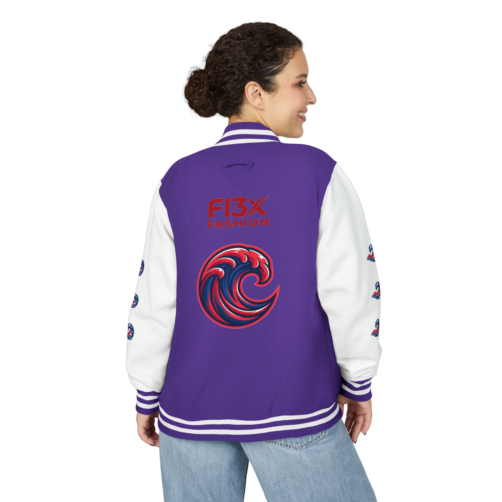 Letterman Jacket — Red Wave Graphic Varsity Jacket with 'F13X Fashion' Logo