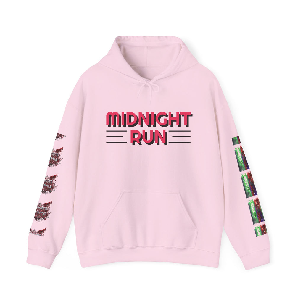 Midnight Run Hoodie — Graphic Streetwear Pullover with Sleeve Prints