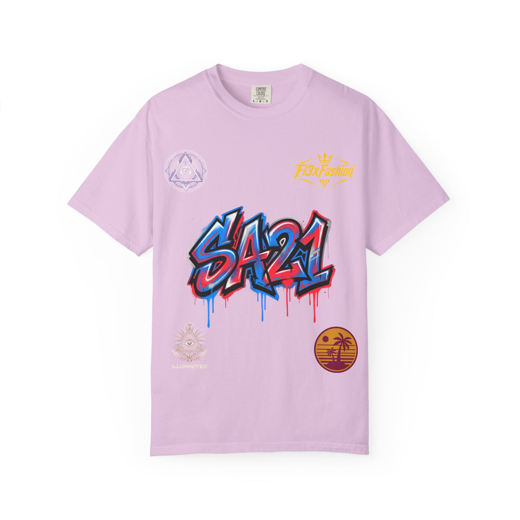 SA21 Graffiti T-Shirt — Urban Streetwear Tee with Drip Art & Tropical Patch