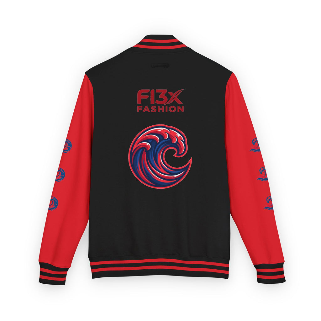Letterman Jacket — Red Wave Graphic Varsity Jacket with 'F13X Fashion' Logo