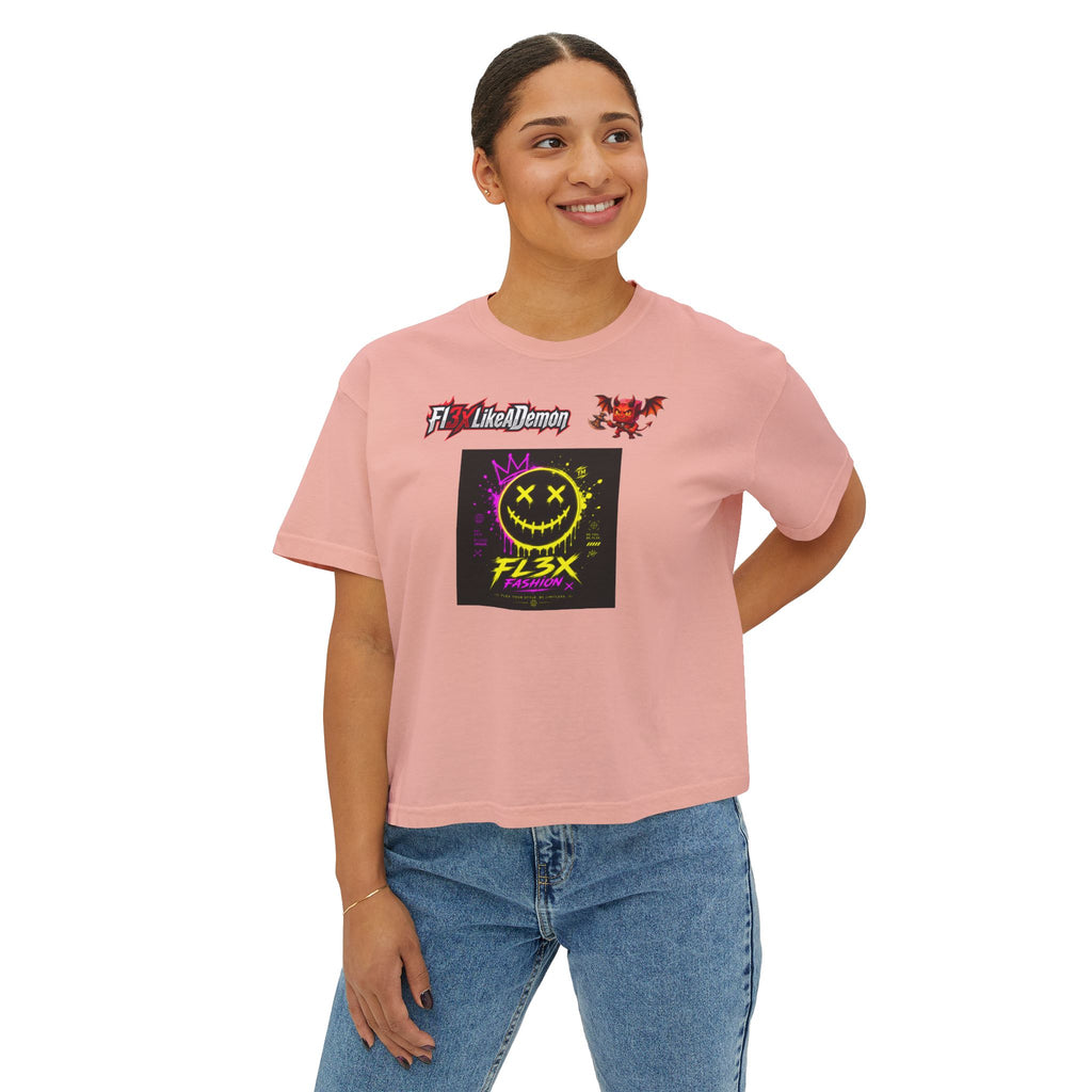 Women's Boxy Tee - Neon Smiley "FL3X" Graphic Streetwear