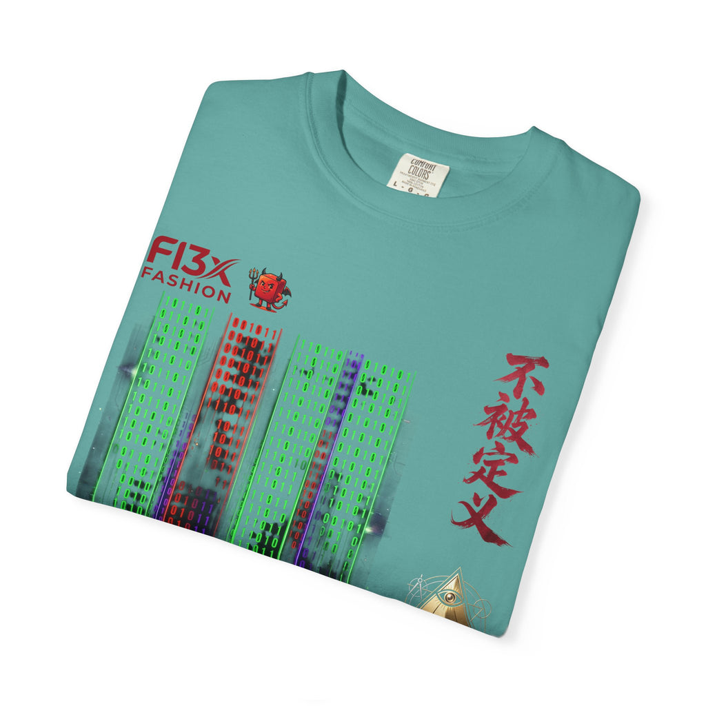 Graphic T-Shirt — Futuristic Cityscape Design with Japanese Calligraphy