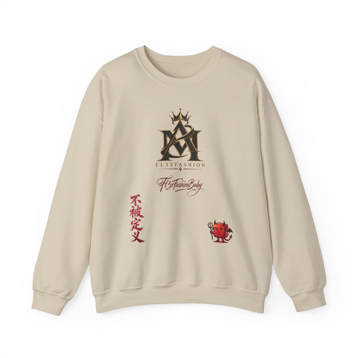 Asian-Inspired Logo Crewneck Sweatshirt — Monogram, Kanji & Lucky Charm Design