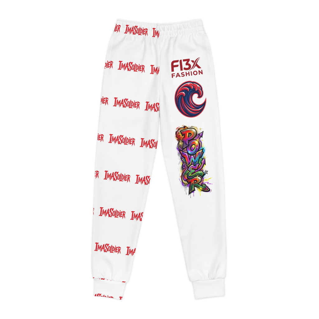 Youth Joggers — White All-Over-Print 'Invader' Streetwear Jogger with Colorful Wave & Power Graphics