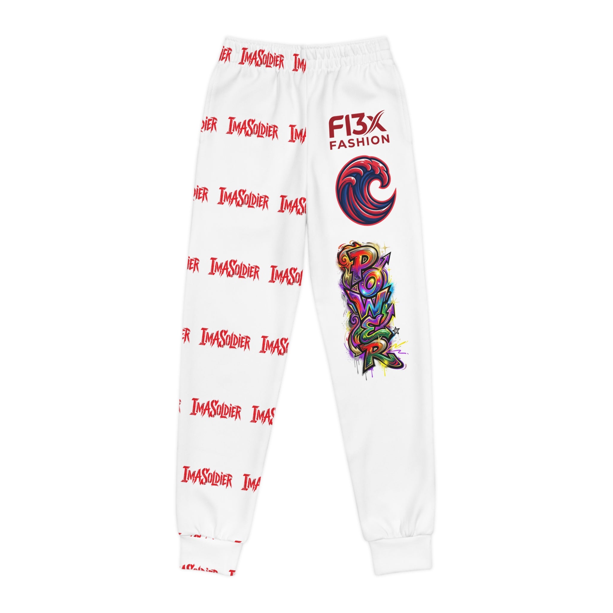 Youth Joggers — White All-Over-Print 'Invader' Streetwear Jogger with Colorful Wave & Power Graphics