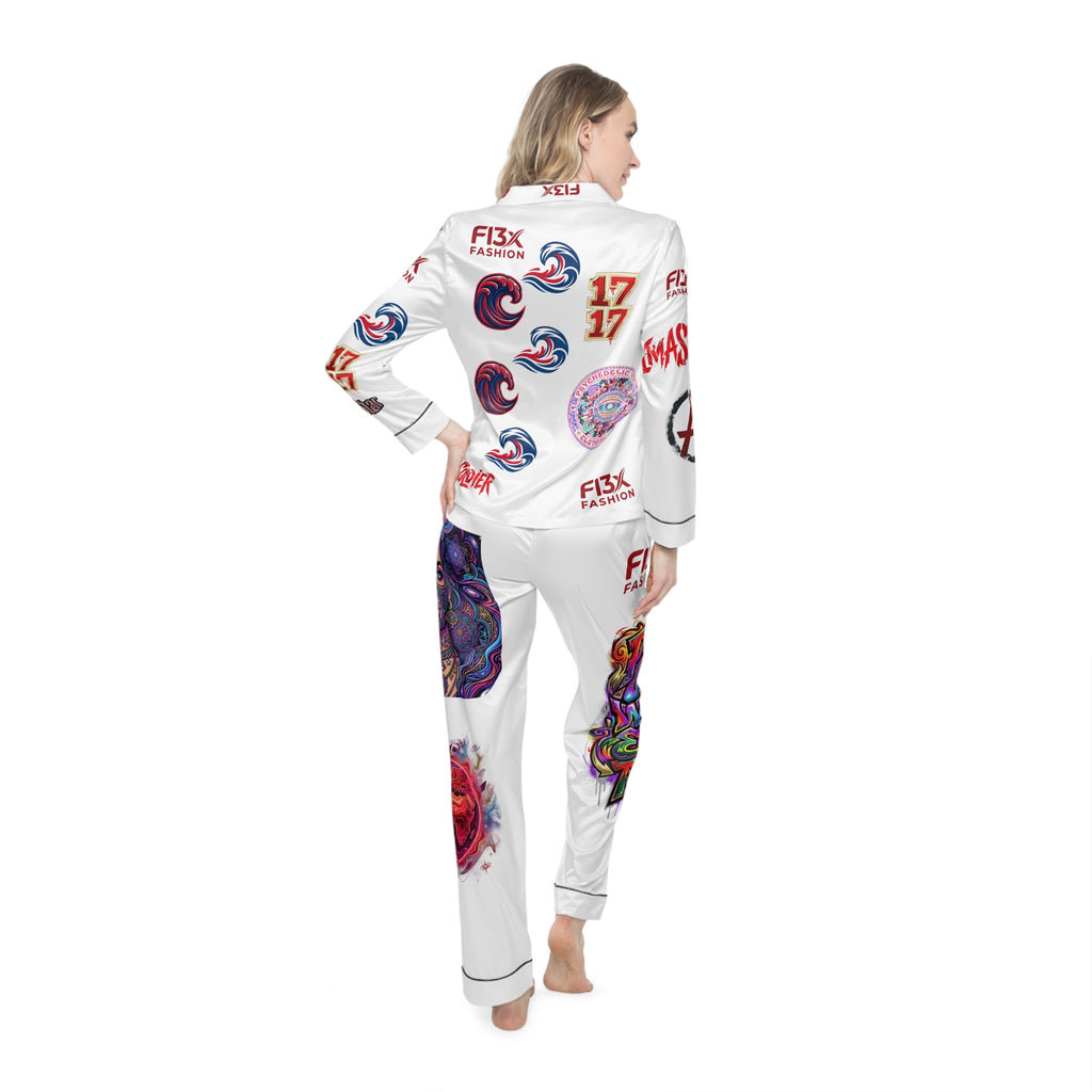 Graphic Satin Pajama Set — White All‑Over Print Loungewear