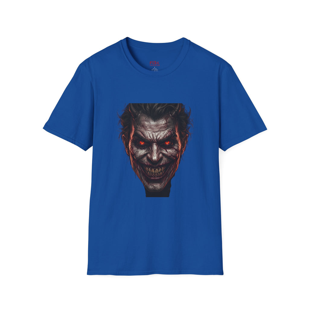 Horror Joker Face T-Shirt — Red-Eyed Villain Graphic Tee