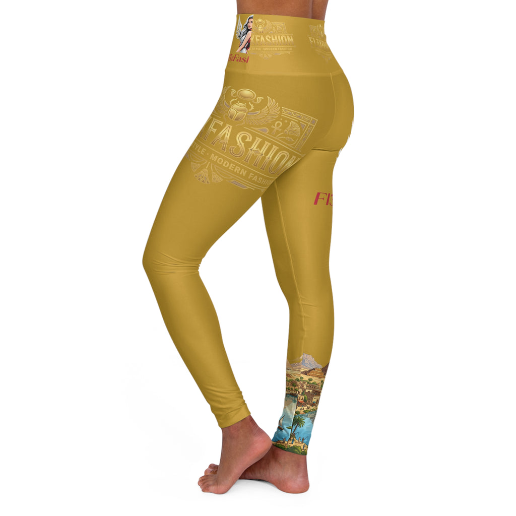 Golden Vintage Travel Graphic Yoga Leggings — High Waisted AOP with Wing & Pyramid Motifs