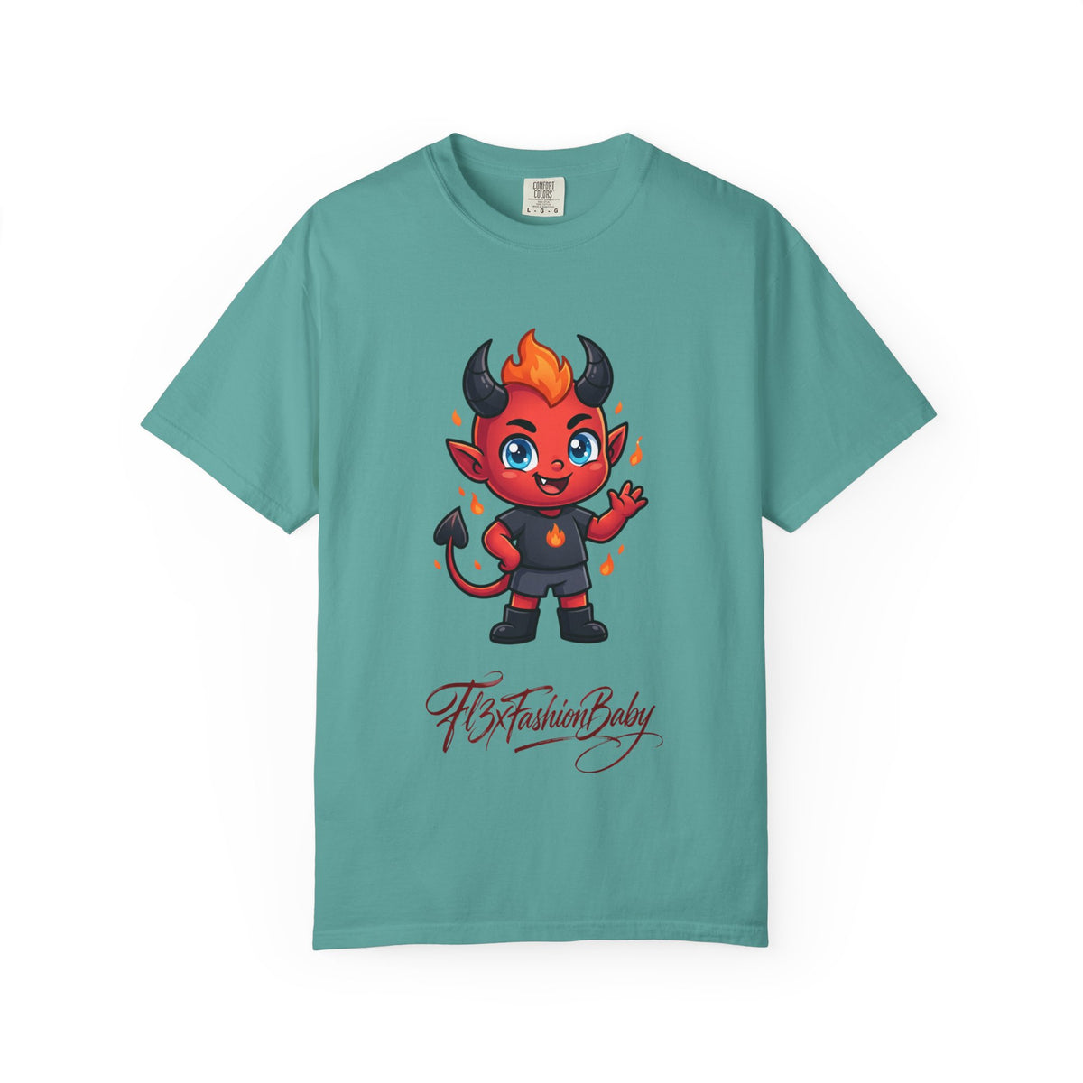 Devil Baby Graphic T-Shirt — Cute Red Demon Cartoon Tee with "FBfashionBaby" Script