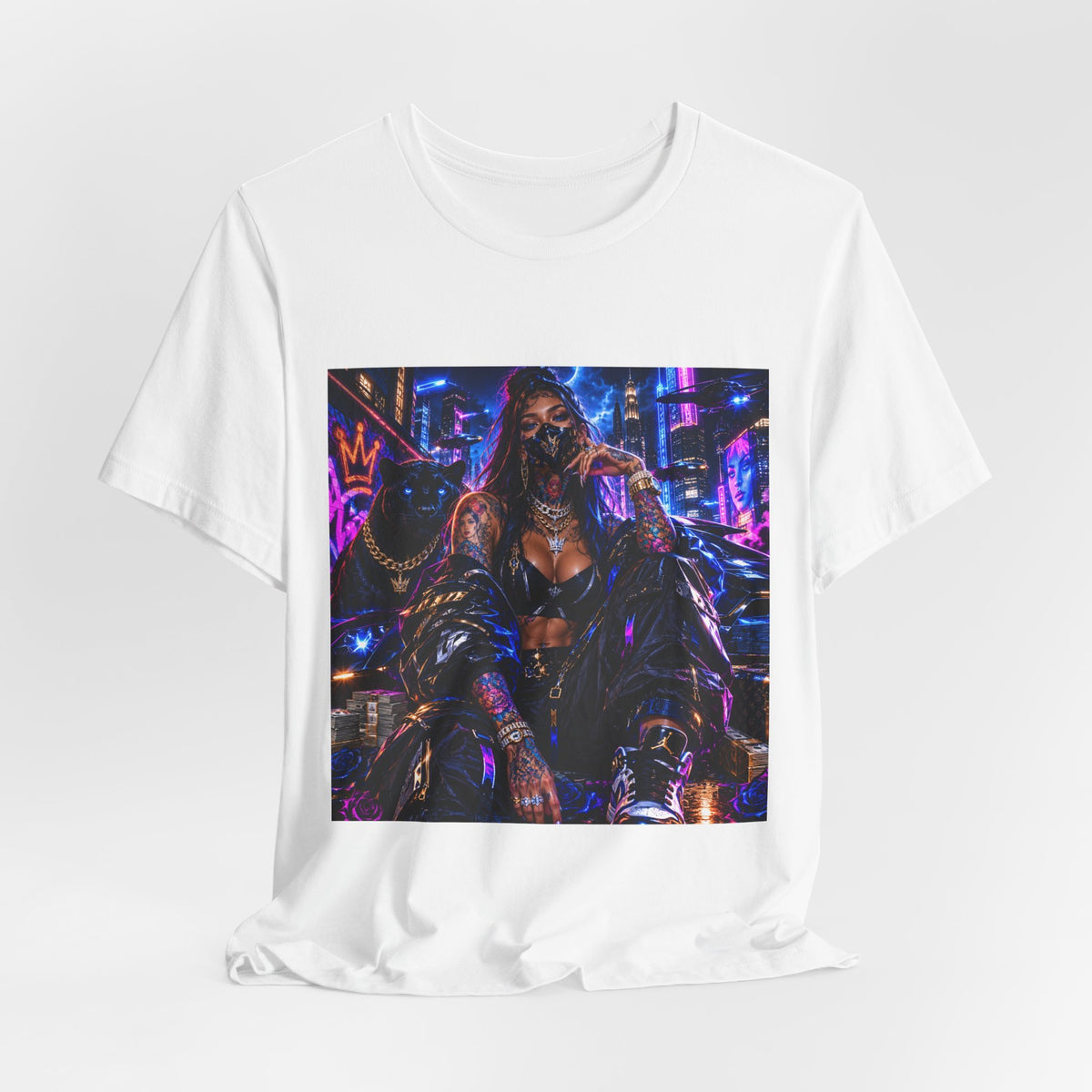 Cyberpunk Streetwear Tee — Neon Masked Woman Graphic T-Shirt