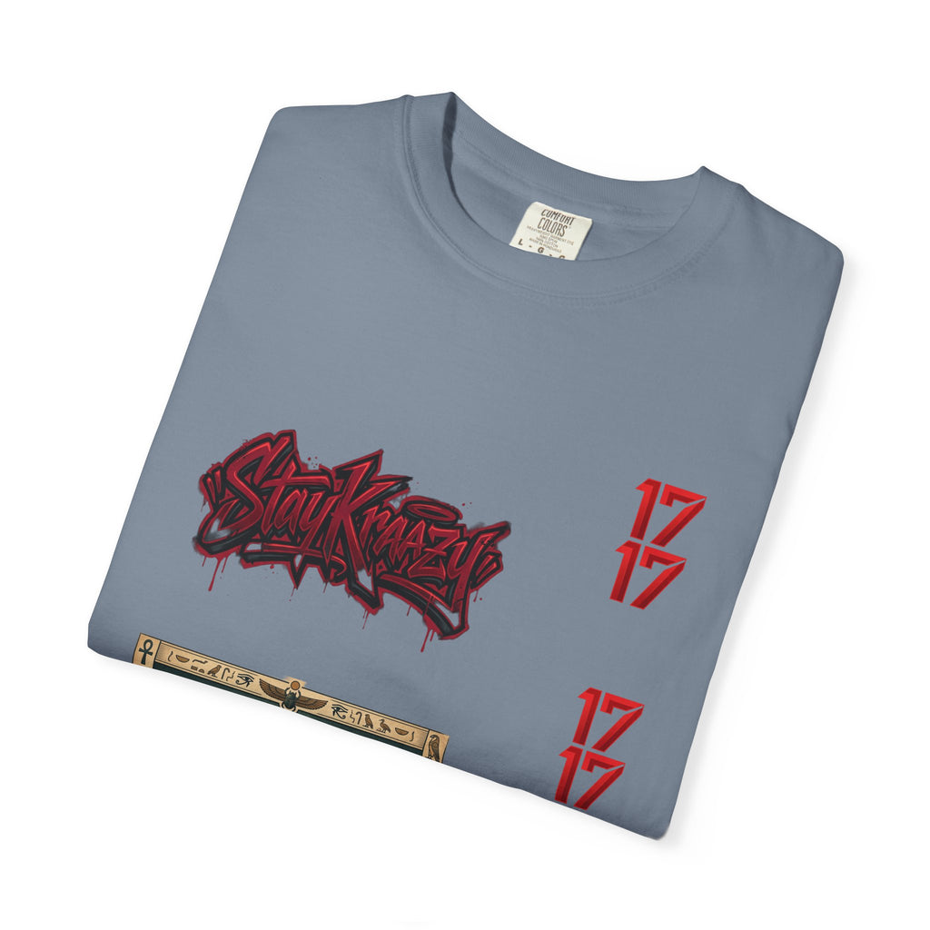 Graphic T-Shirt — Vintage Pyramid Collage with 'Wanted' Drip Design