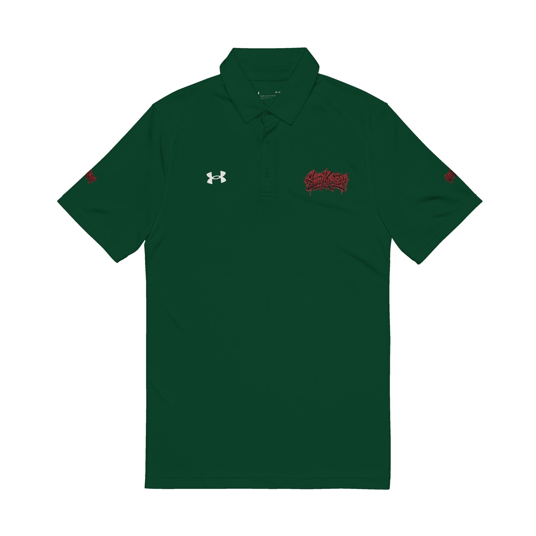 Embroidered Men’s Performance Polo — White with Red Script Logo