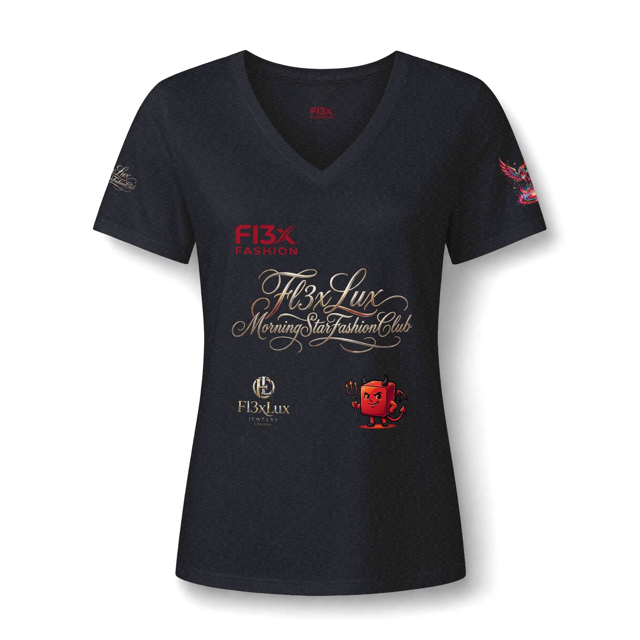 Women's V-Neck Tee — 'F13x Fashion' Floral Logo & Devil Graphic