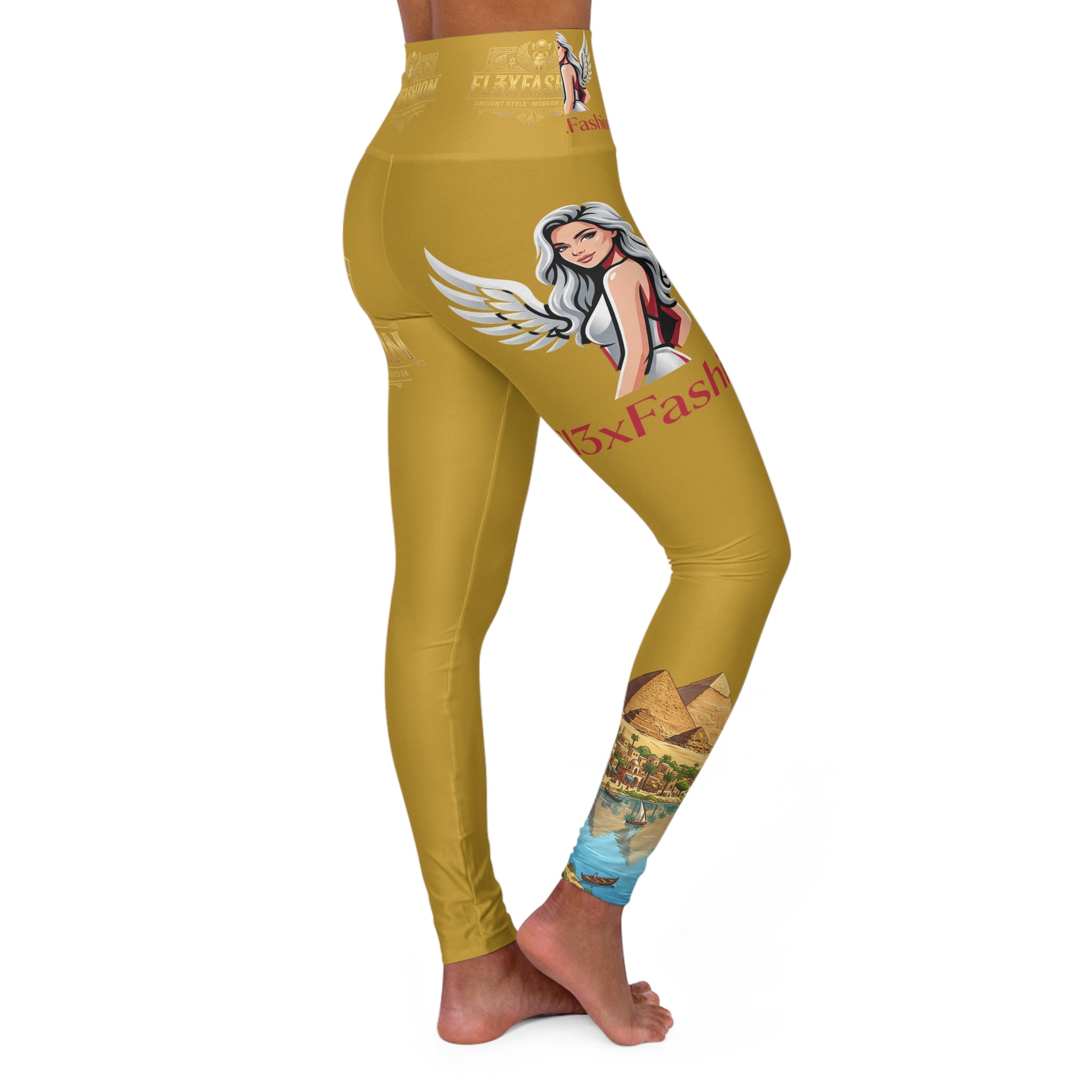 Golden Vintage Travel Graphic Yoga Leggings — High Waisted AOP with Wing & Pyramid Motifs
