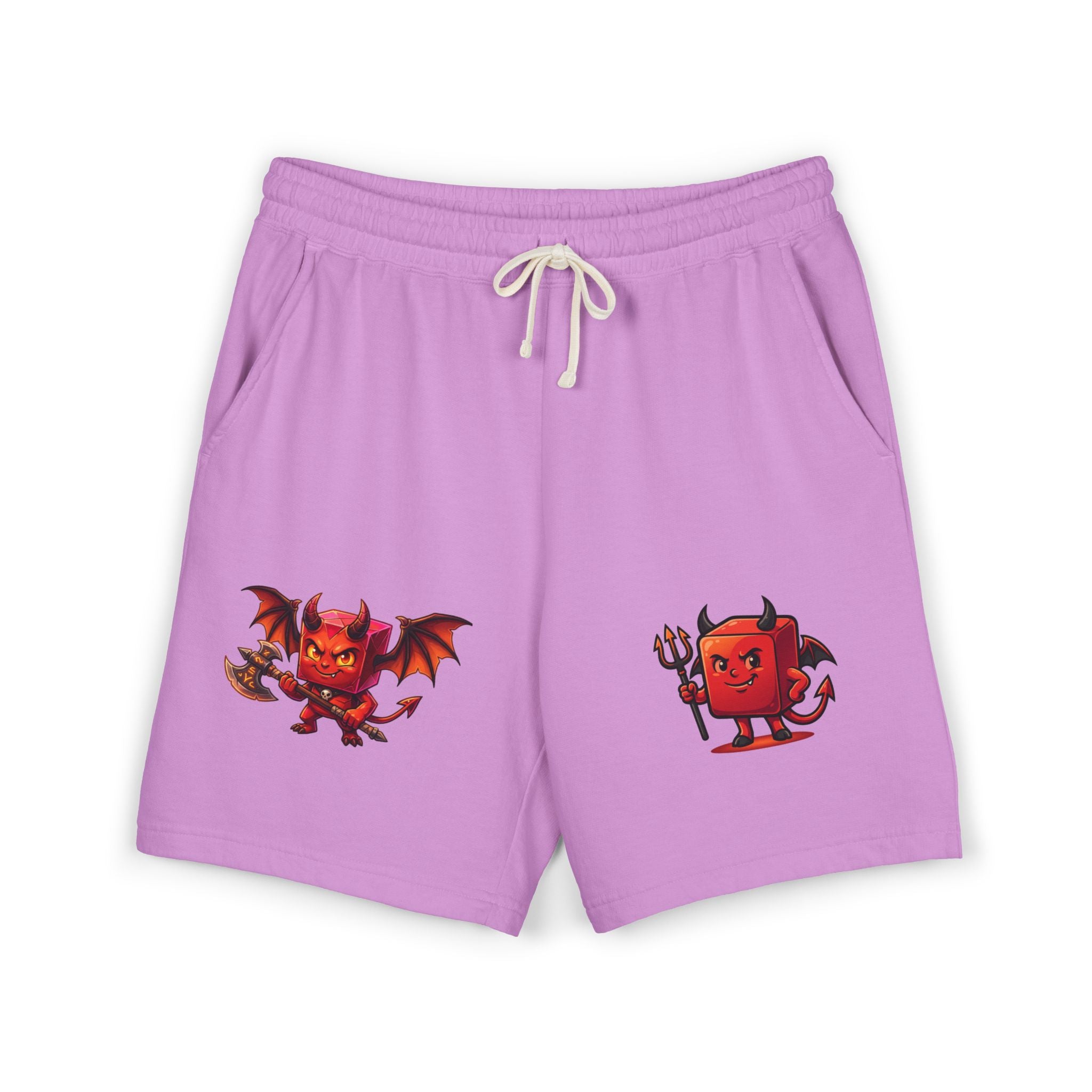 Devil Doodle Fleece Sweat Shorts — Cute Red Demon Graphic Lounge Shorts