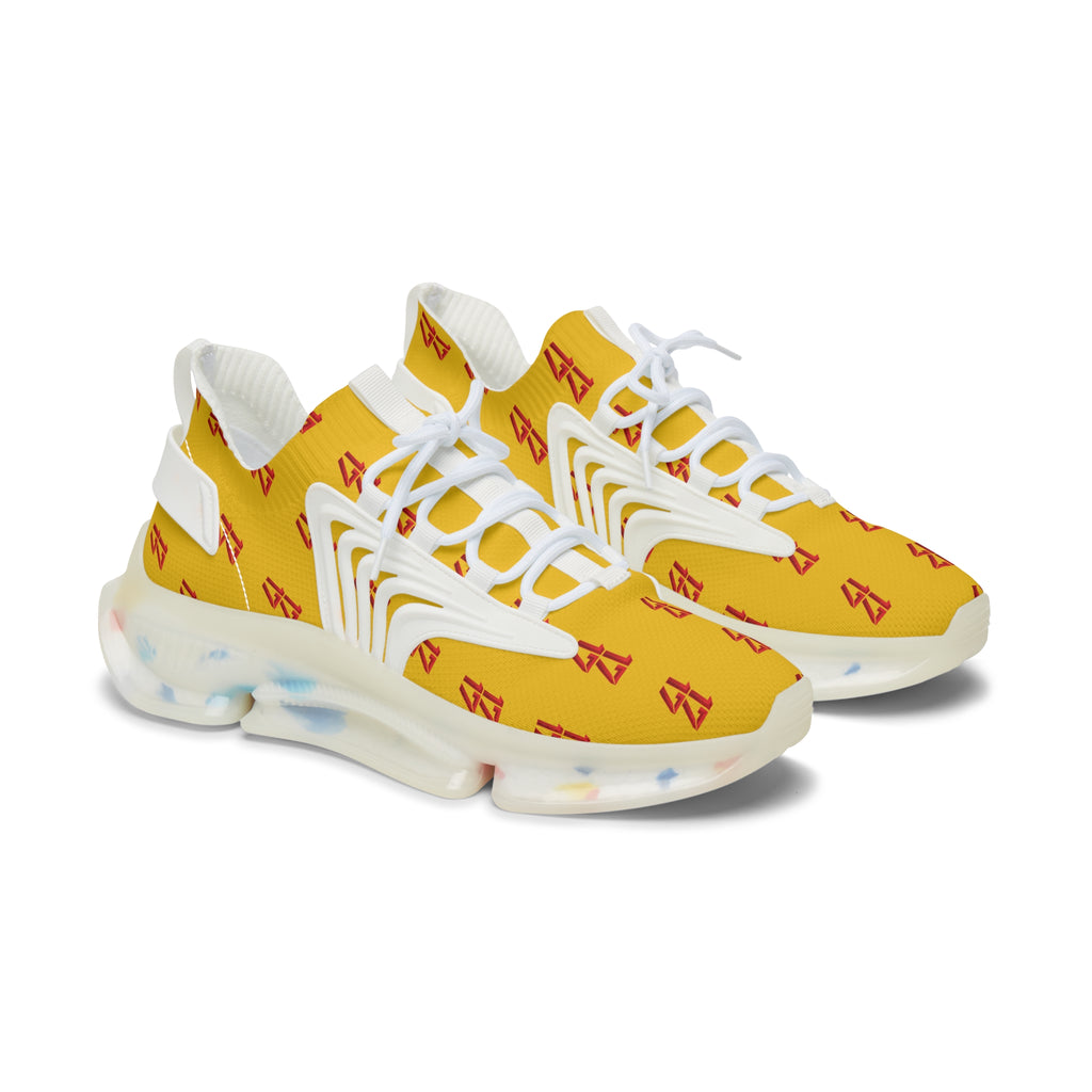 Yellow Mesh Sneakers — Breathable Women's Athletic Shoes with Red Logo Pattern