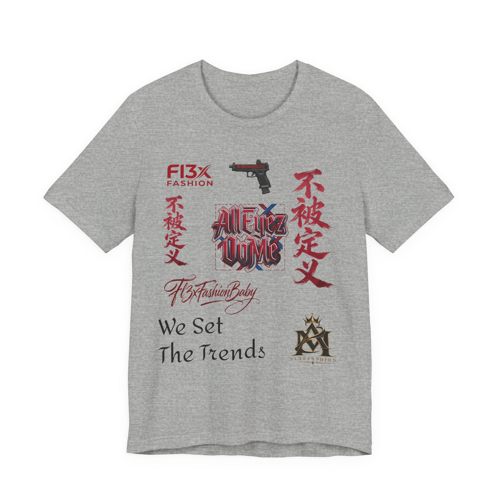 Graphic Tee — 'We Set The Trends' Streetwear T-Shirt with Asian Script & Gun Motifs