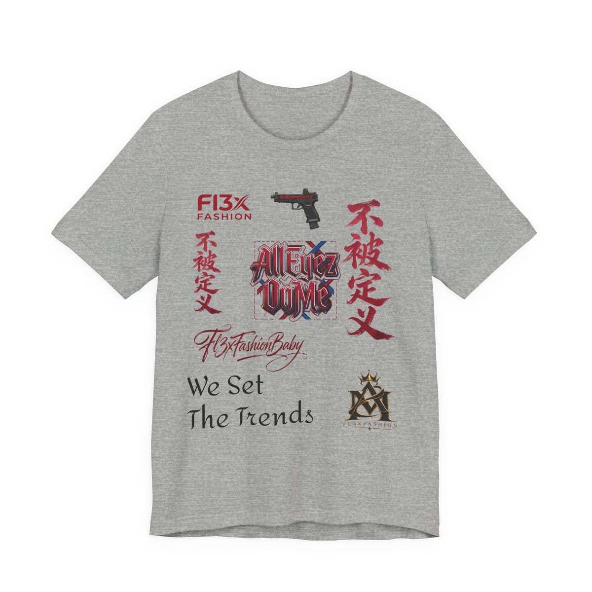 Graphic Tee — 'We Set The Trends' Streetwear T-Shirt with Asian Script & Gun Motifs