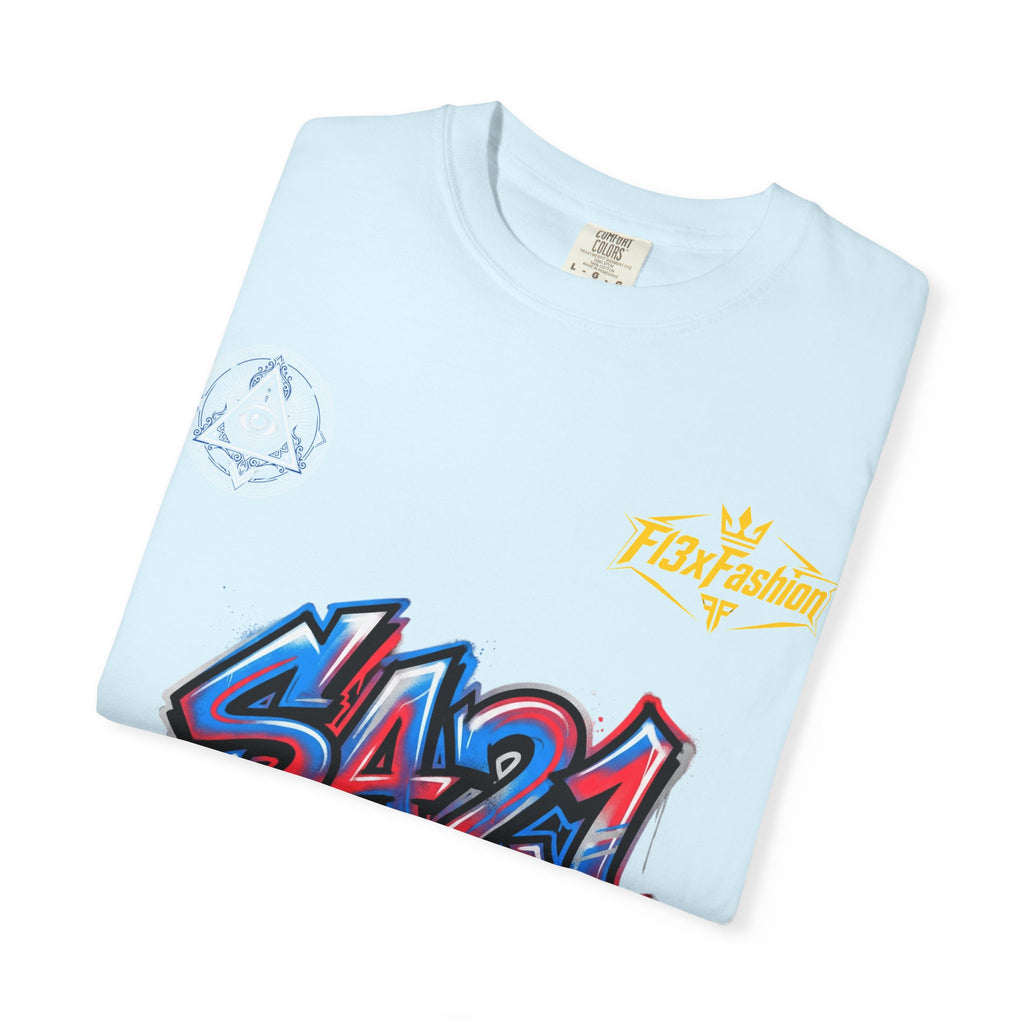 SA21 Graffiti T-Shirt — Urban Streetwear Tee with Drip Art & Tropical Patch