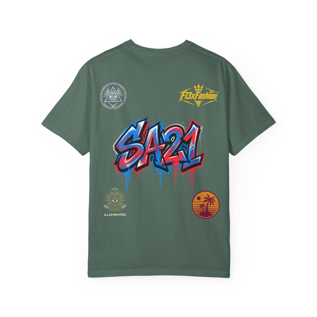 SA21 Graffiti T-Shirt — Urban Streetwear Tee with Drip Art & Tropical Patch
