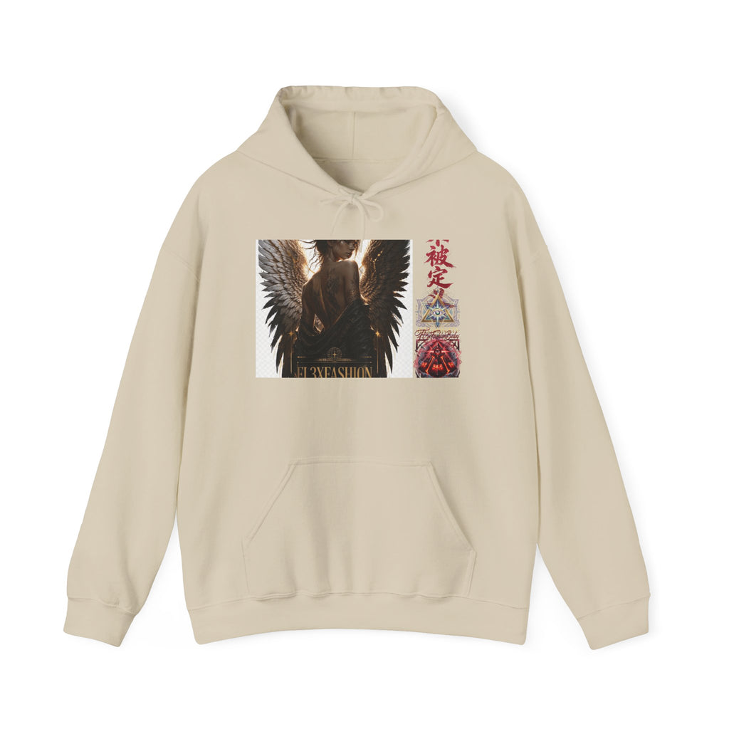 Angel Wings Graphic Hoodie — Dark Fantasy Japanese Script Design