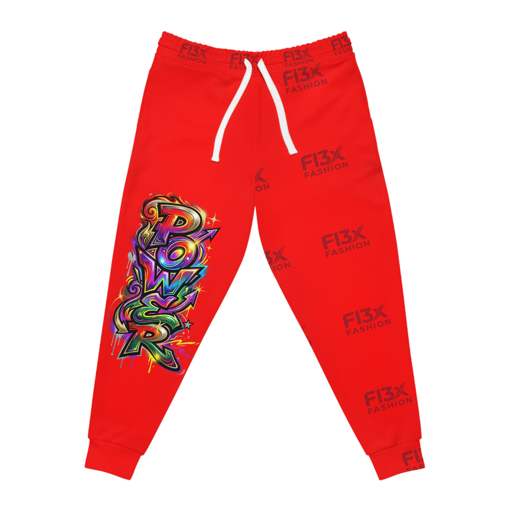 Red Graffiti 'Power' Athletic Joggers — Bold Streetwear Sweatpants with Dragon Sword Graphic