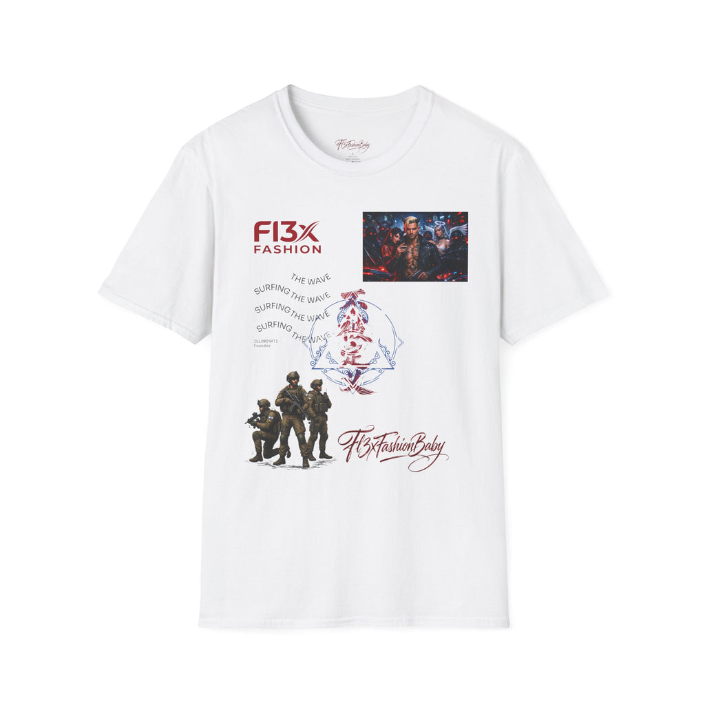 Graphic T-Shirt — F13X Fashion Collage Tee (Surfing Wave & Retro Crew)