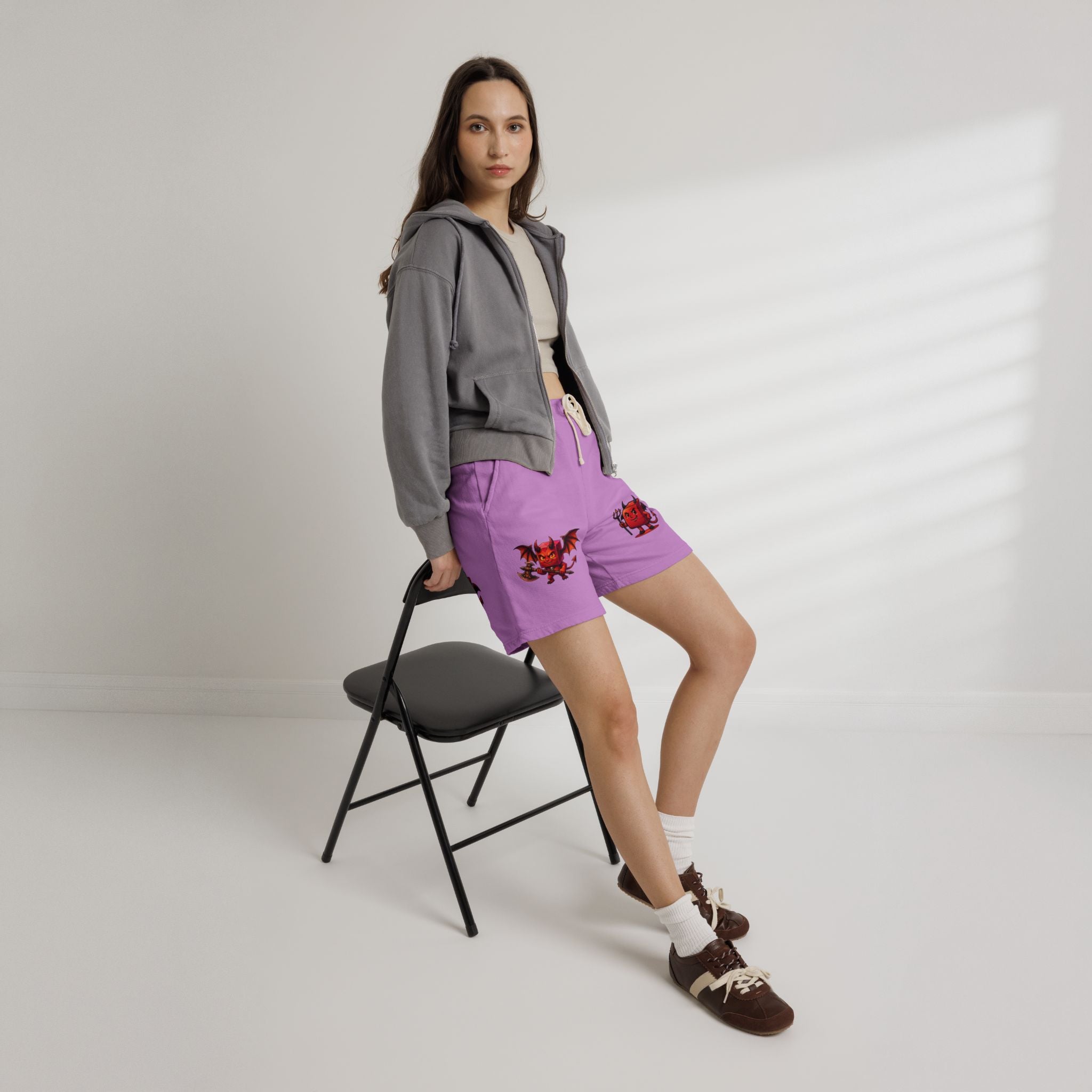 Devil Doodle Fleece Sweat Shorts — Cute Red Demon Graphic Lounge Shorts
