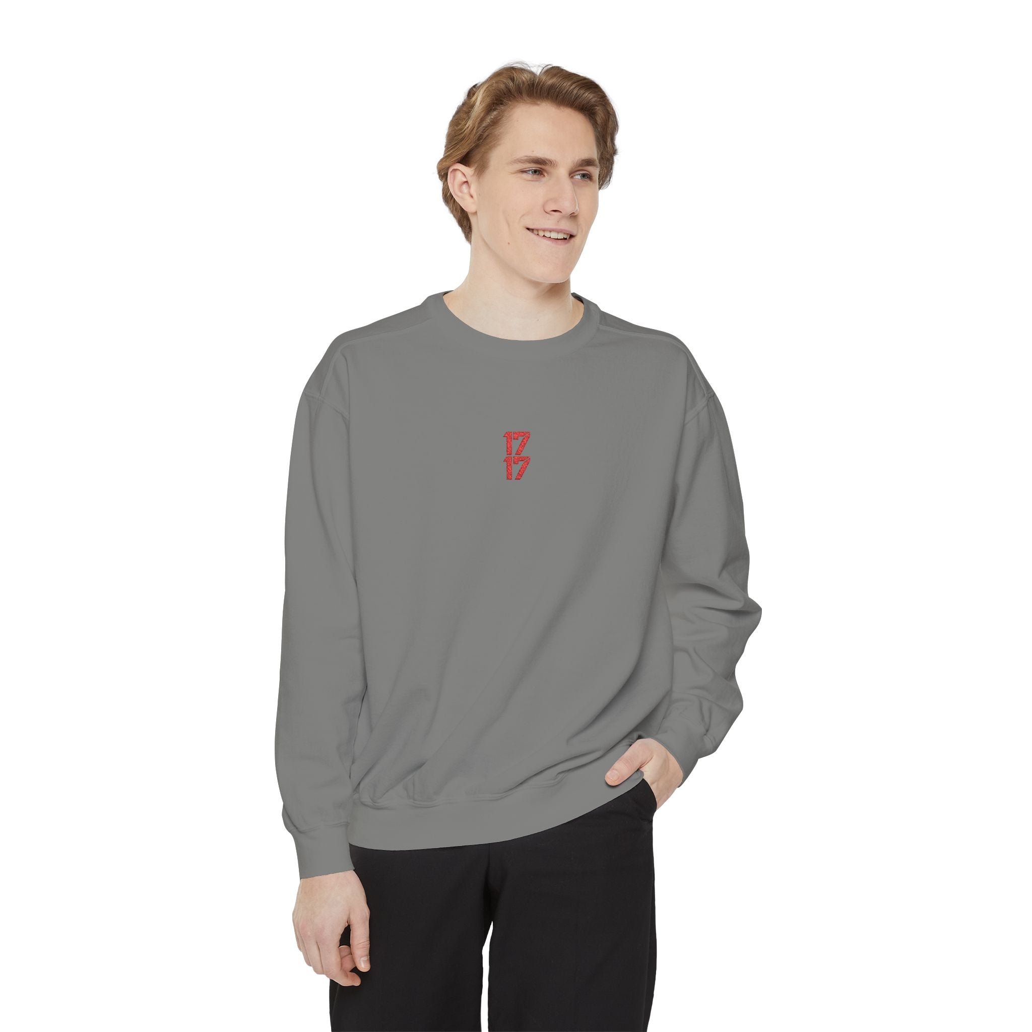 Sweatshirt — Minimal Red "17/17" Chest Logo Garment-Dyed Crew