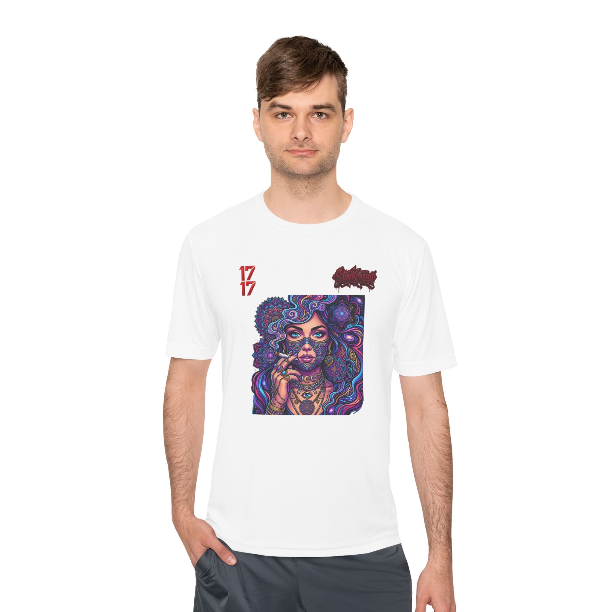 Psychedelic Woman Graphic Tee — Retro Cosmic Portrait Moisture‑Wicking Shirt
