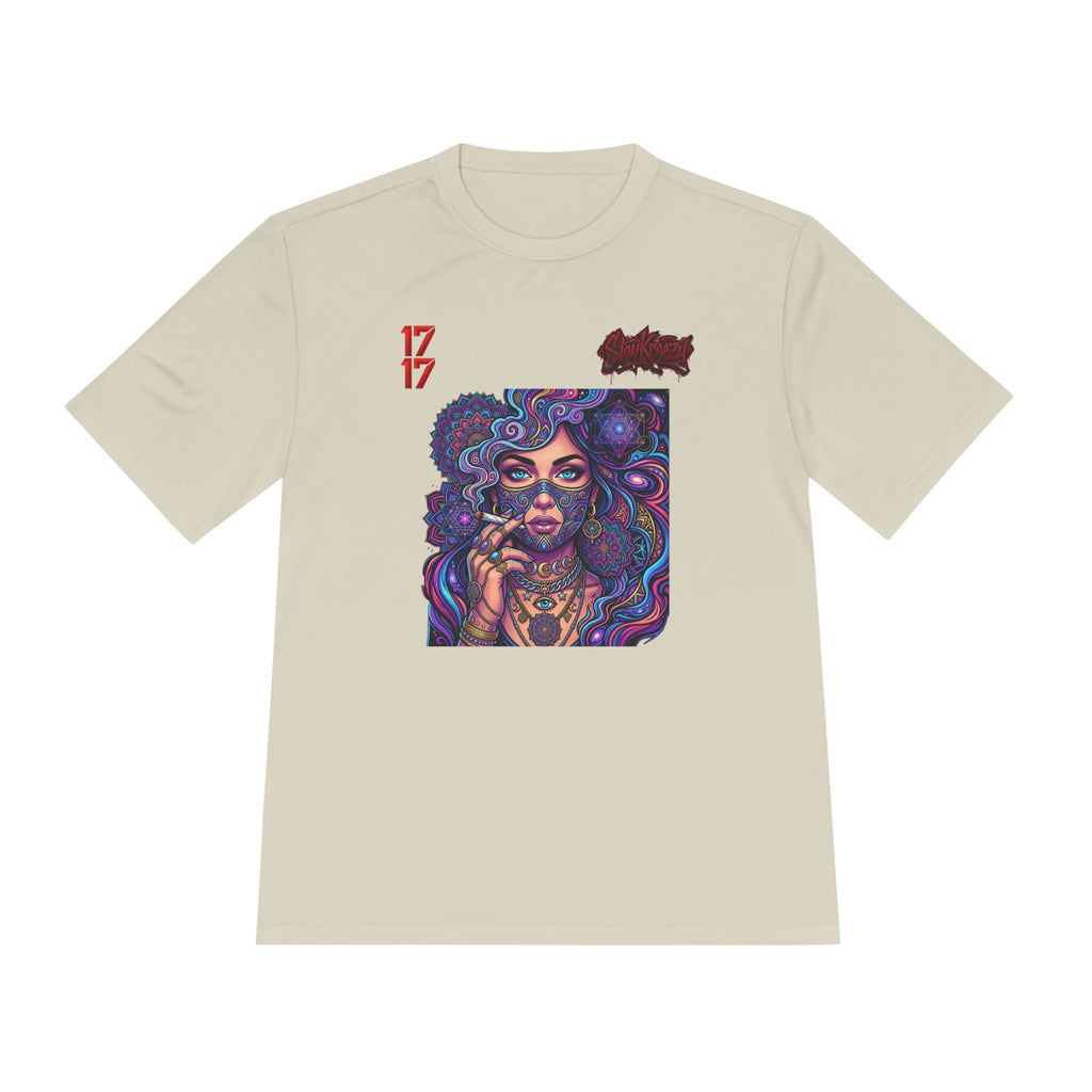Psychedelic Woman Graphic Tee — Retro Cosmic Portrait Moisture‑Wicking Shirt