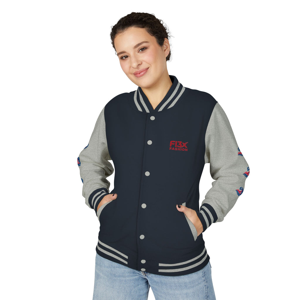 Letterman Jacket — Red Wave Graphic Varsity Jacket with 'F13X Fashion' Logo